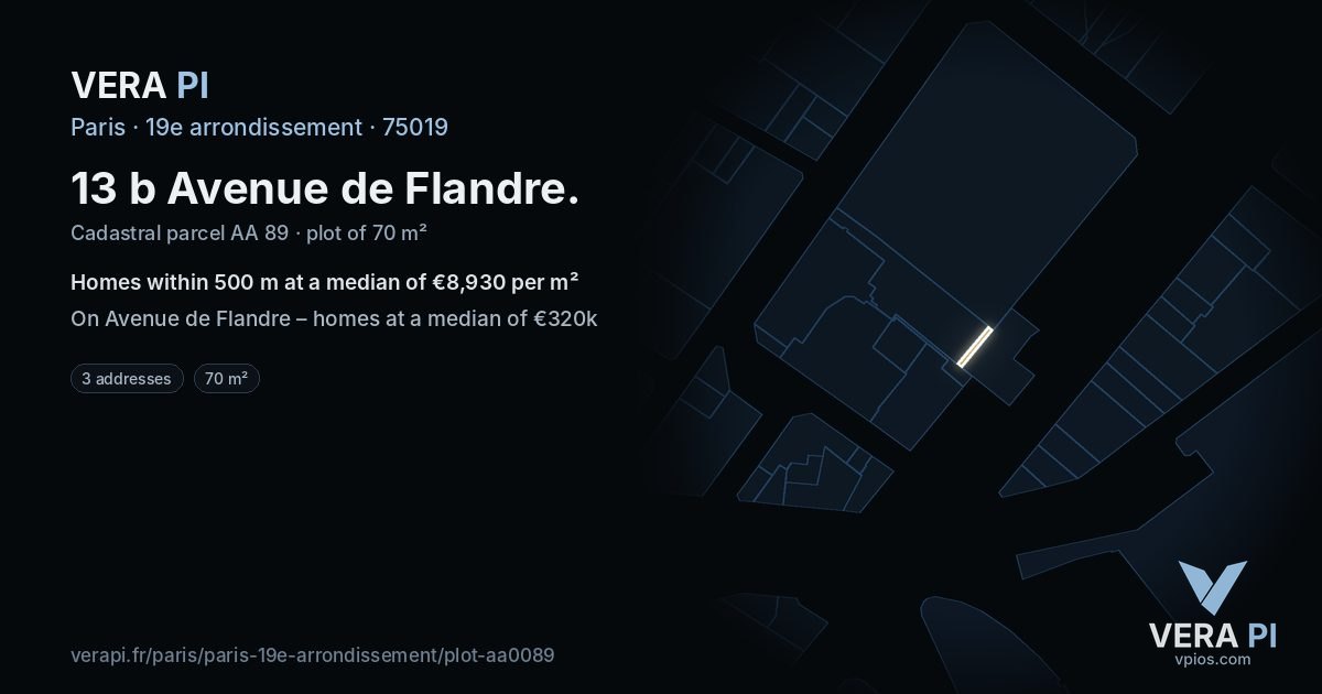 13 b Avenue de Flandre, 19e arrondissement at night – the plot lit, the parcels around coloured by the prices near them