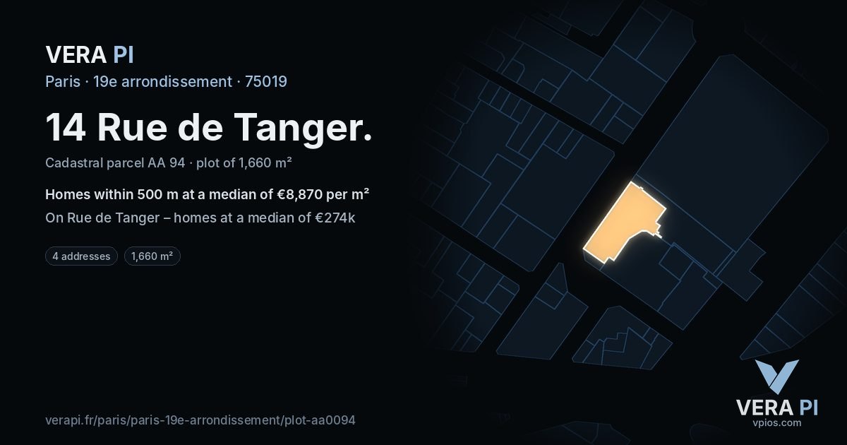 14 Rue de Tanger, 19e arrondissement at night – the plot lit, the parcels around coloured by the prices near them