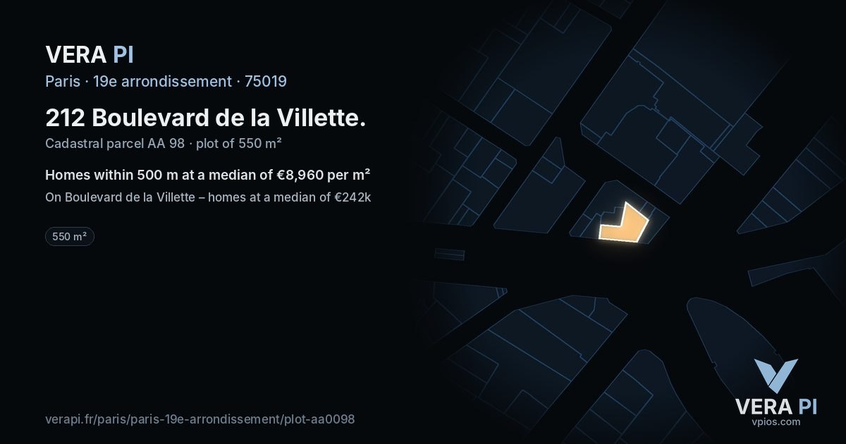 212 Boulevard de la Villette, 19e arrondissement at night – the plot lit, the parcels around coloured by the prices near them