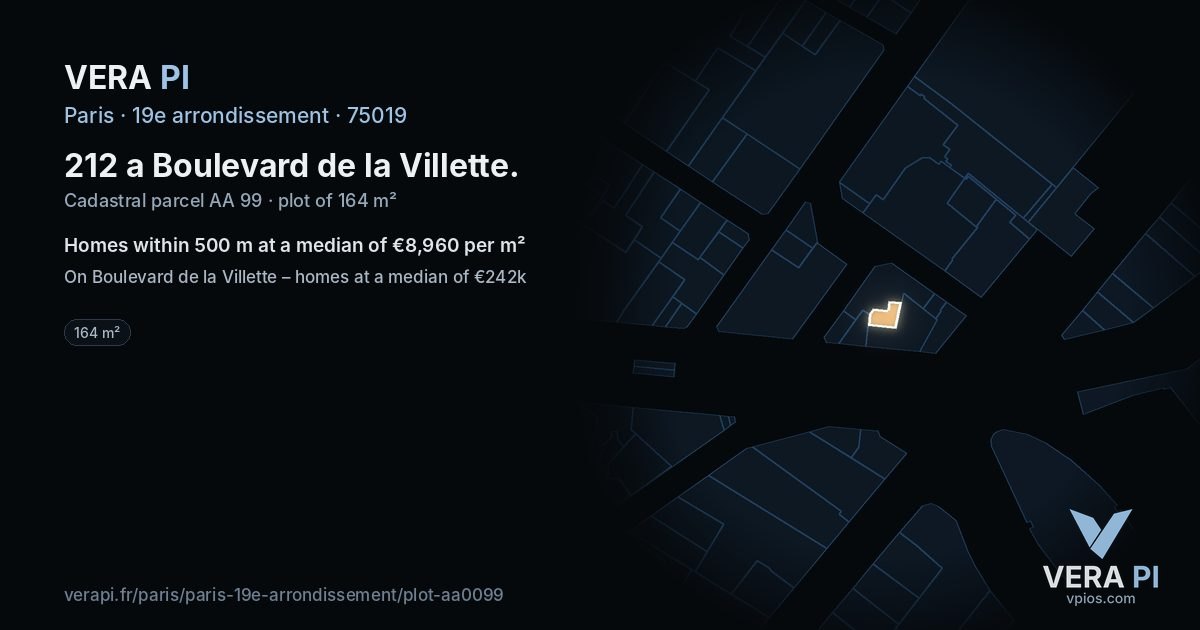 212 a Boulevard de la Villette, 19e arrondissement at night – the plot lit, the parcels around coloured by the prices near them