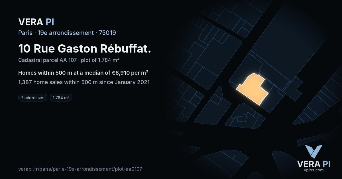 10 Rue Gaston Rébuffat, 19e arrondissement at night – the plot lit, the parcels around coloured by the prices near them