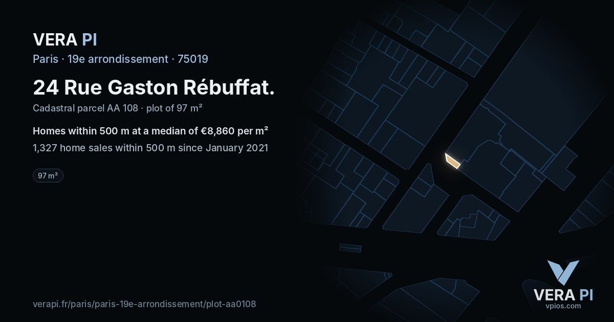 24 Rue Gaston Rébuffat, 19e arrondissement at night – the plot lit, the parcels around coloured by the prices near them