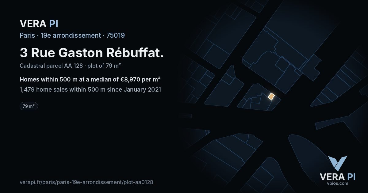 3 Rue Gaston Rébuffat, 19e arrondissement at night – the plot lit, the parcels around coloured by the prices near them