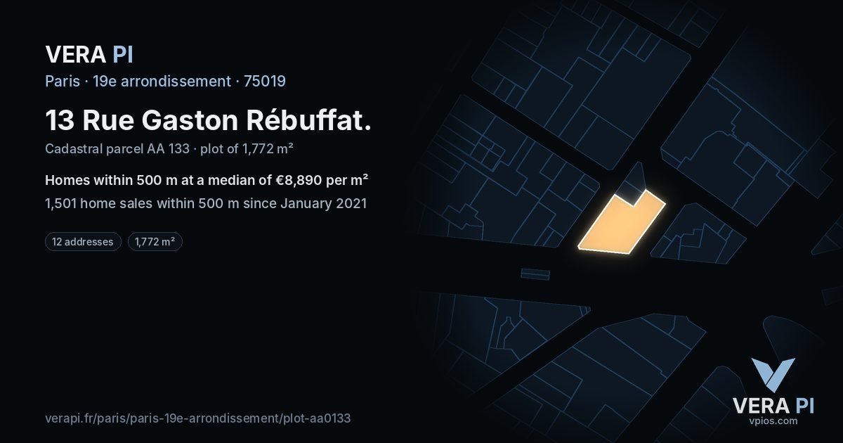 13 Rue Gaston Rébuffat, 19e arrondissement at night – the plot lit, the parcels around coloured by the prices near them