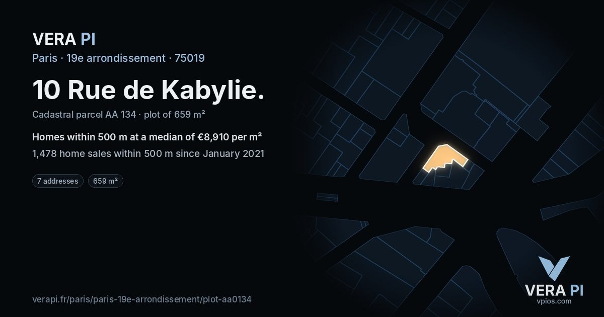 10 Rue de Kabylie, 19e arrondissement at night – the plot lit, the parcels around coloured by the prices near them