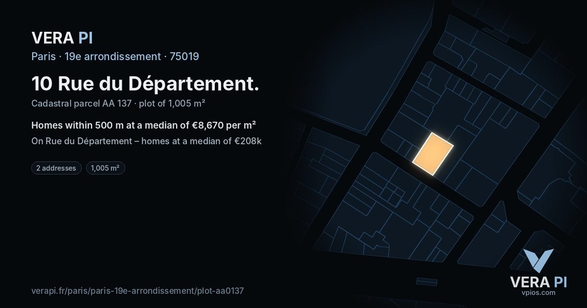 10 Rue du Département, 19e arrondissement at night – the plot lit, the parcels around coloured by the prices near them