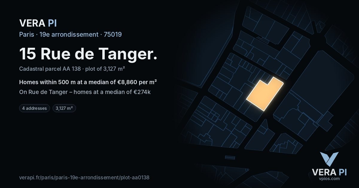 15 Rue de Tanger, 19e arrondissement at night – the plot lit, the parcels around coloured by the prices near them