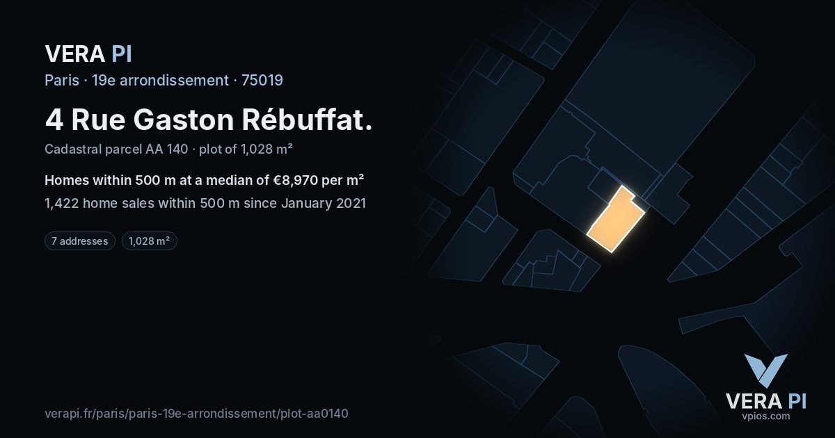 4 Rue Gaston Rébuffat, 19e arrondissement at night – the plot lit, the parcels around coloured by the prices near them