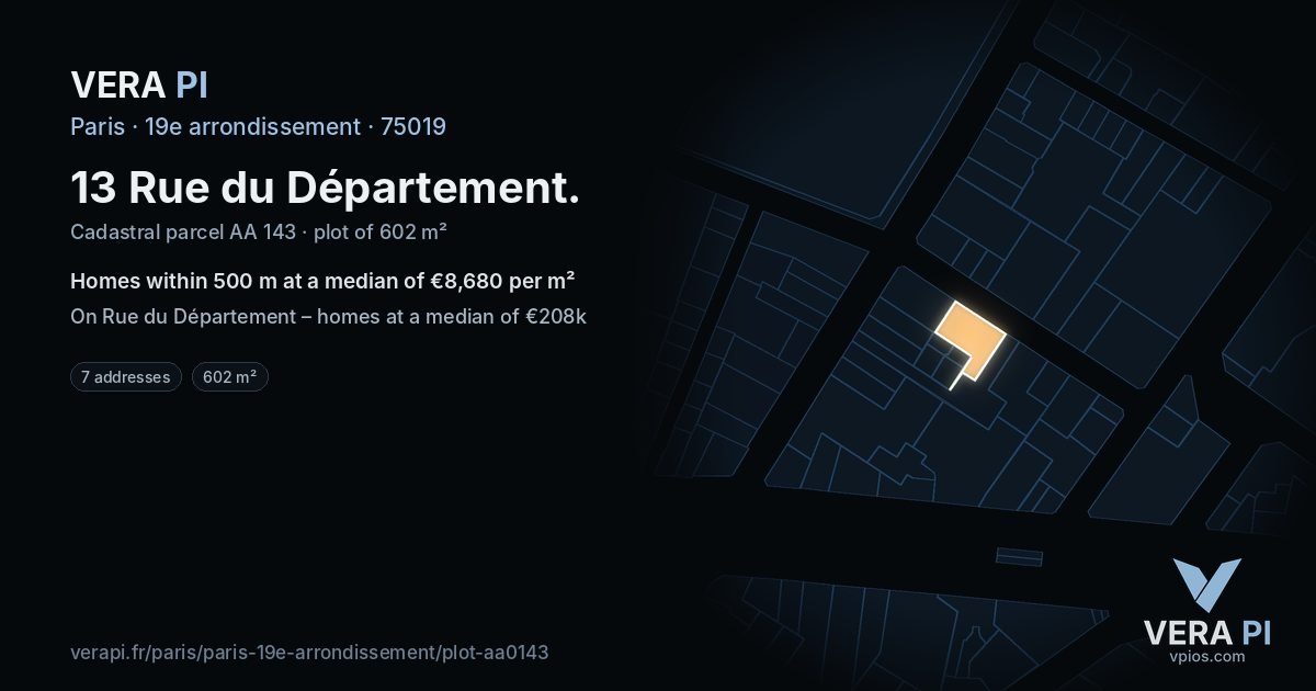 13 Rue du Département, 19e arrondissement at night – the plot lit, the parcels around coloured by the prices near them