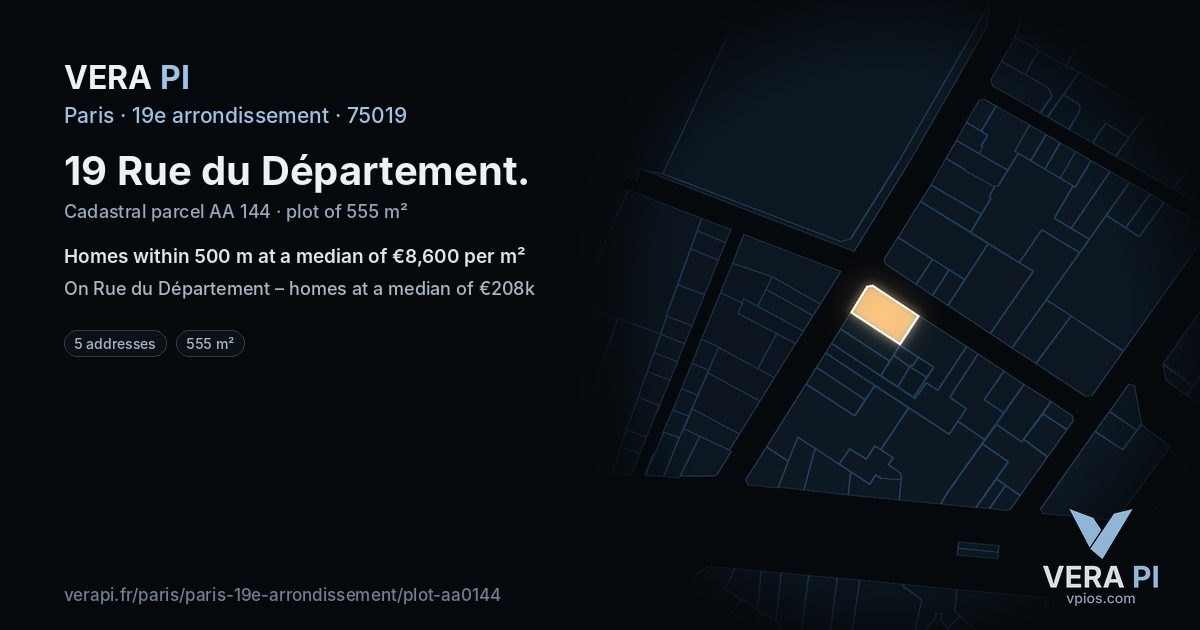 19 Rue du Département, 19e arrondissement at night – the plot lit, the parcels around coloured by the prices near them