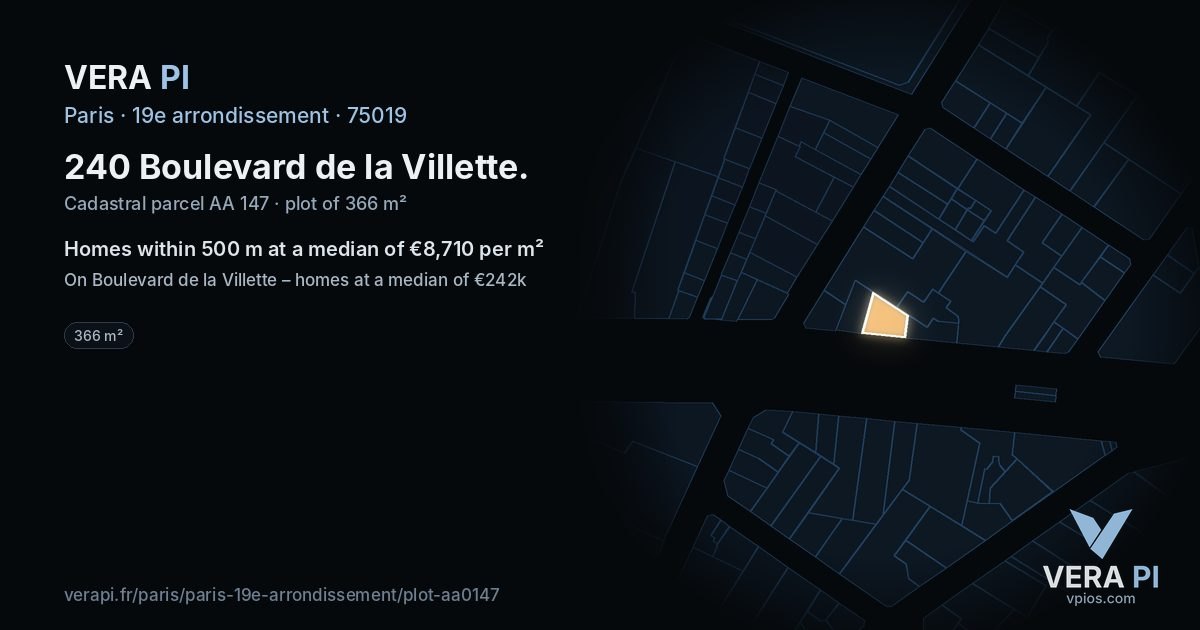 240 Boulevard de la Villette, 19e arrondissement at night – the plot lit, the parcels around coloured by the prices near them