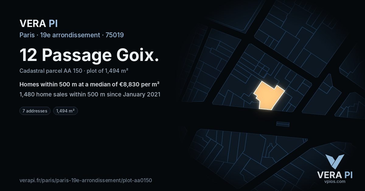 12 Passage Goix, 19e arrondissement at night – the plot lit, the parcels around coloured by the prices near them