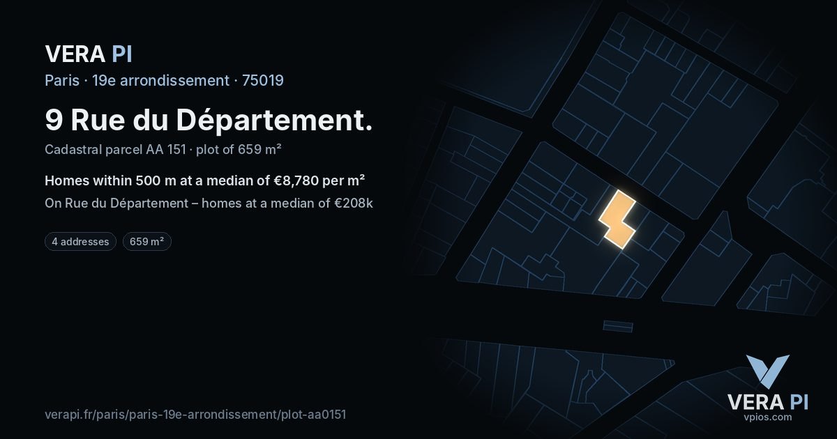 9 Rue du Département, 19e arrondissement at night – the plot lit, the parcels around coloured by the prices near them