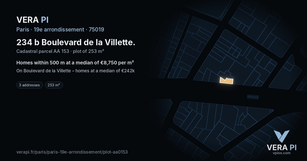 234 b Boulevard de la Villette, 19e arrondissement at night – the plot lit, the parcels around coloured by the prices near them