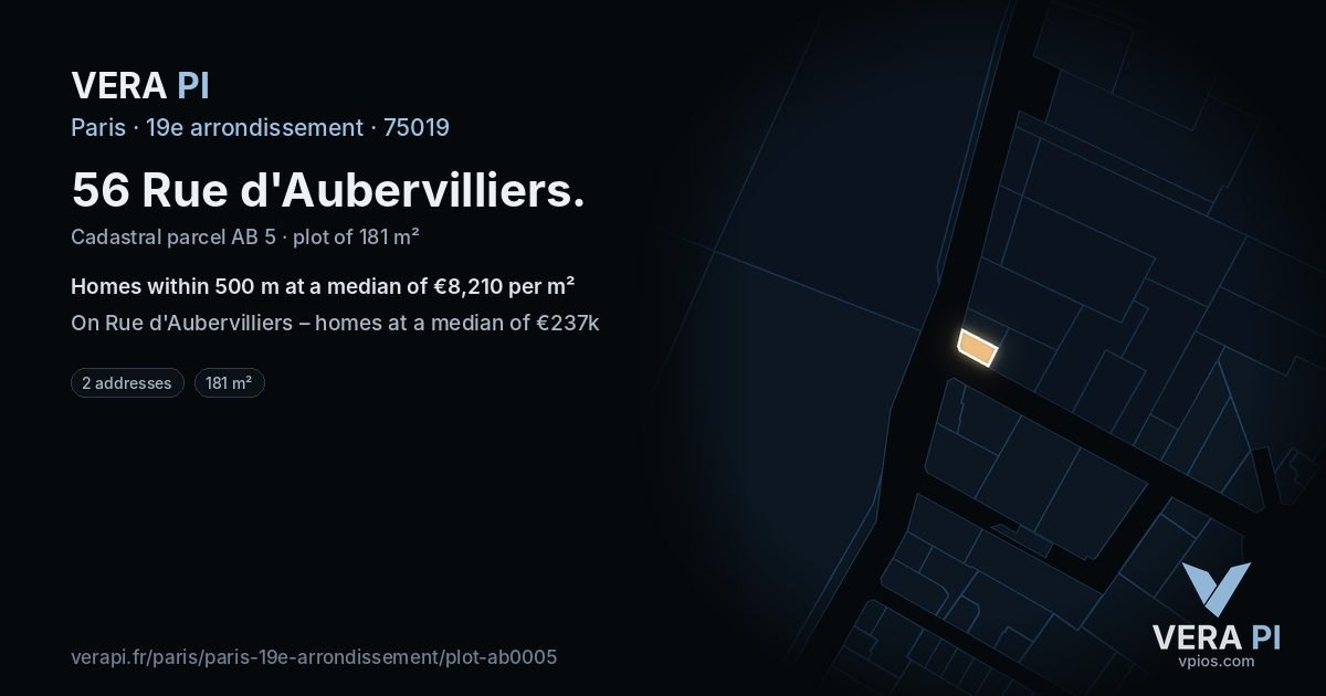 56 Rue d'Aubervilliers, 19e arrondissement at night – the plot lit, the parcels around coloured by the prices near them