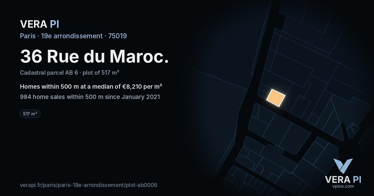 36 Rue du Maroc, 19e arrondissement at night – the plot lit, the parcels around coloured by the prices near them