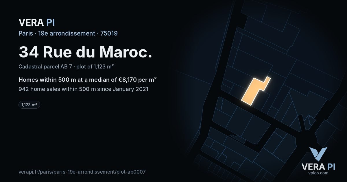34 Rue du Maroc, 19e arrondissement at night – the plot lit, the parcels around coloured by the prices near them
