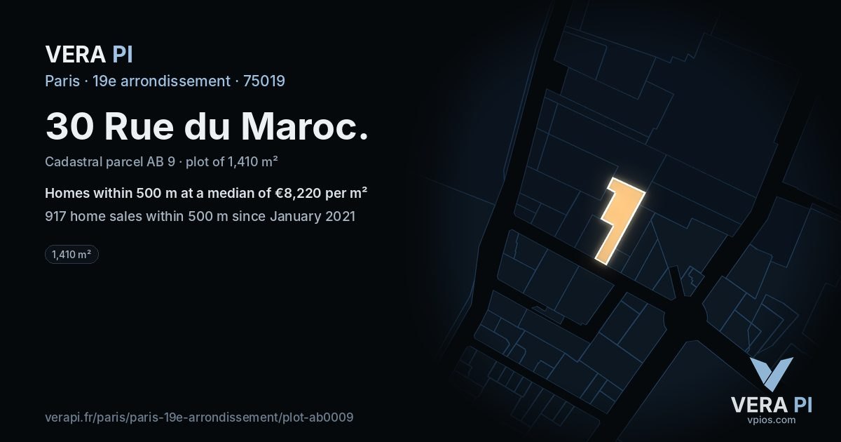 30 Rue du Maroc, 19e arrondissement at night – the plot lit, the parcels around coloured by the prices near them