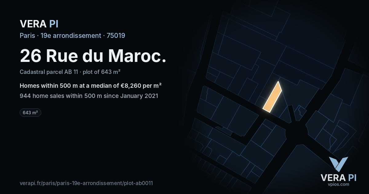 26 Rue du Maroc, 19e arrondissement at night – the plot lit, the parcels around coloured by the prices near them
