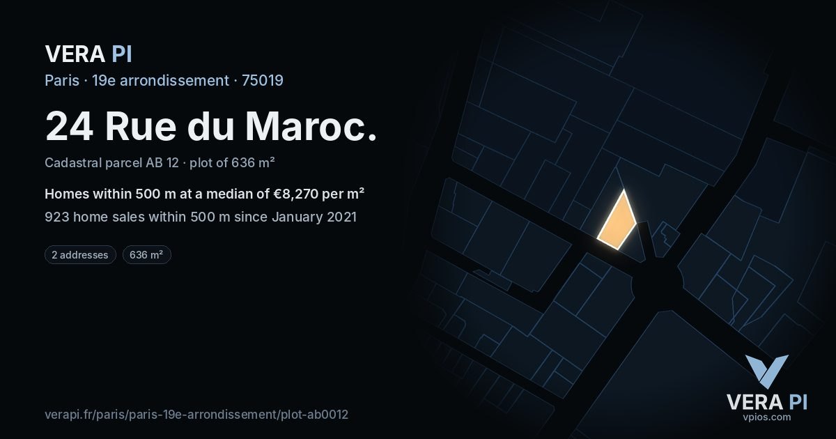 24 Rue du Maroc, 19e arrondissement at night – the plot lit, the parcels around coloured by the prices near them