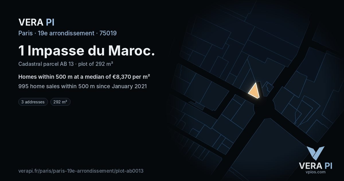1 Impasse du Maroc, 19e arrondissement at night – the plot lit, the parcels around coloured by the prices near them
