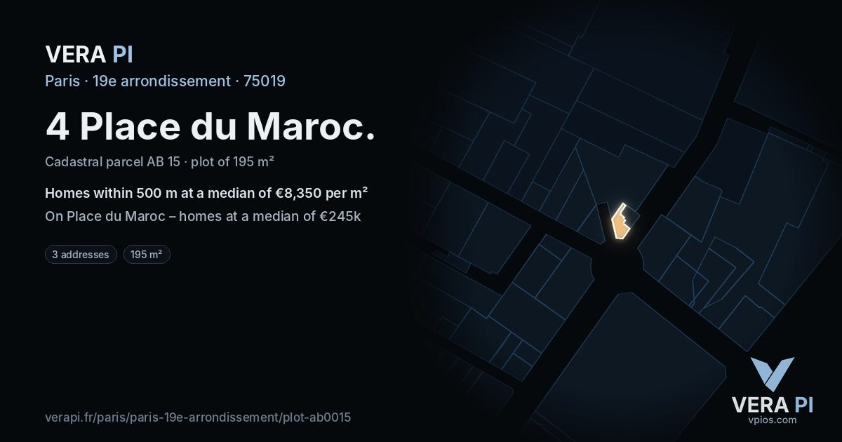 4 Place du Maroc, 19e arrondissement at night – the plot lit, the parcels around coloured by the prices near them