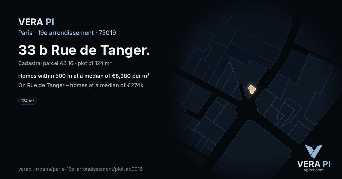 33 b Rue de Tanger, 19e arrondissement at night – the plot lit, the parcels around coloured by the prices near them