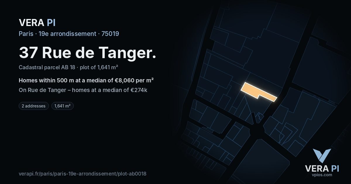 37 Rue de Tanger, 19e arrondissement at night – the plot lit, the parcels around coloured by the prices near them