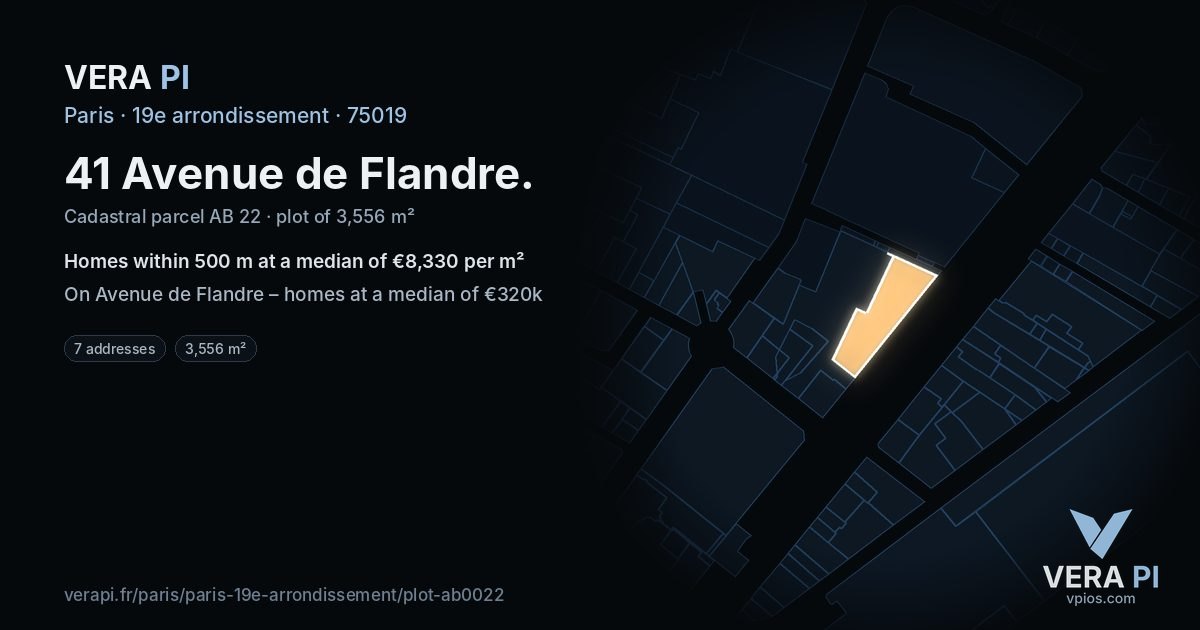 41 Avenue de Flandre, 19e arrondissement at night – the plot lit, the parcels around coloured by the prices near them