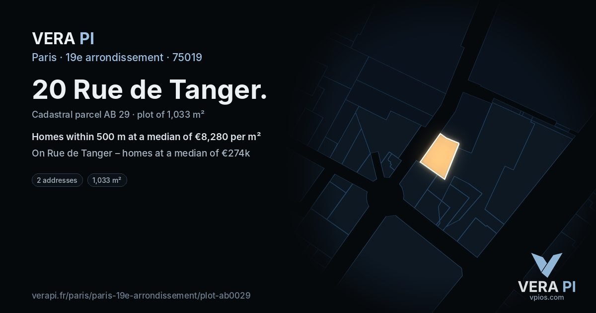 20 Rue de Tanger, 19e arrondissement at night – the plot lit, the parcels around coloured by the prices near them