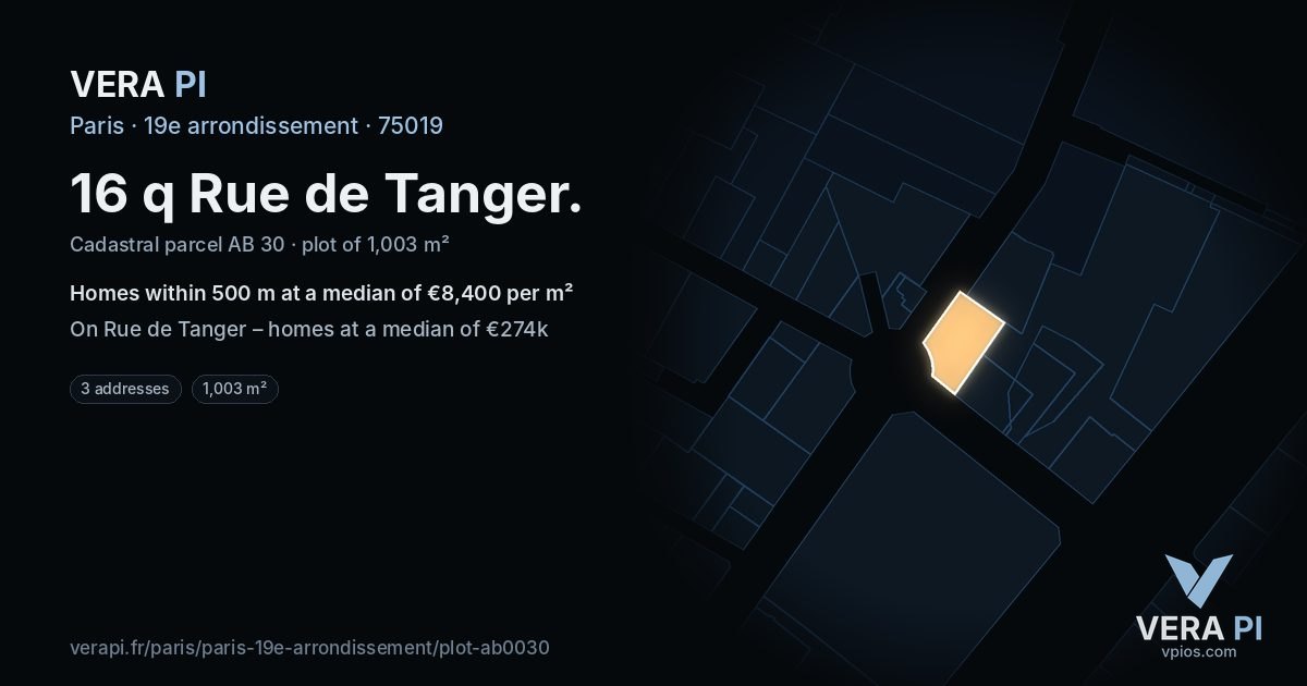 16 q Rue de Tanger, 19e arrondissement at night – the plot lit, the parcels around coloured by the prices near them