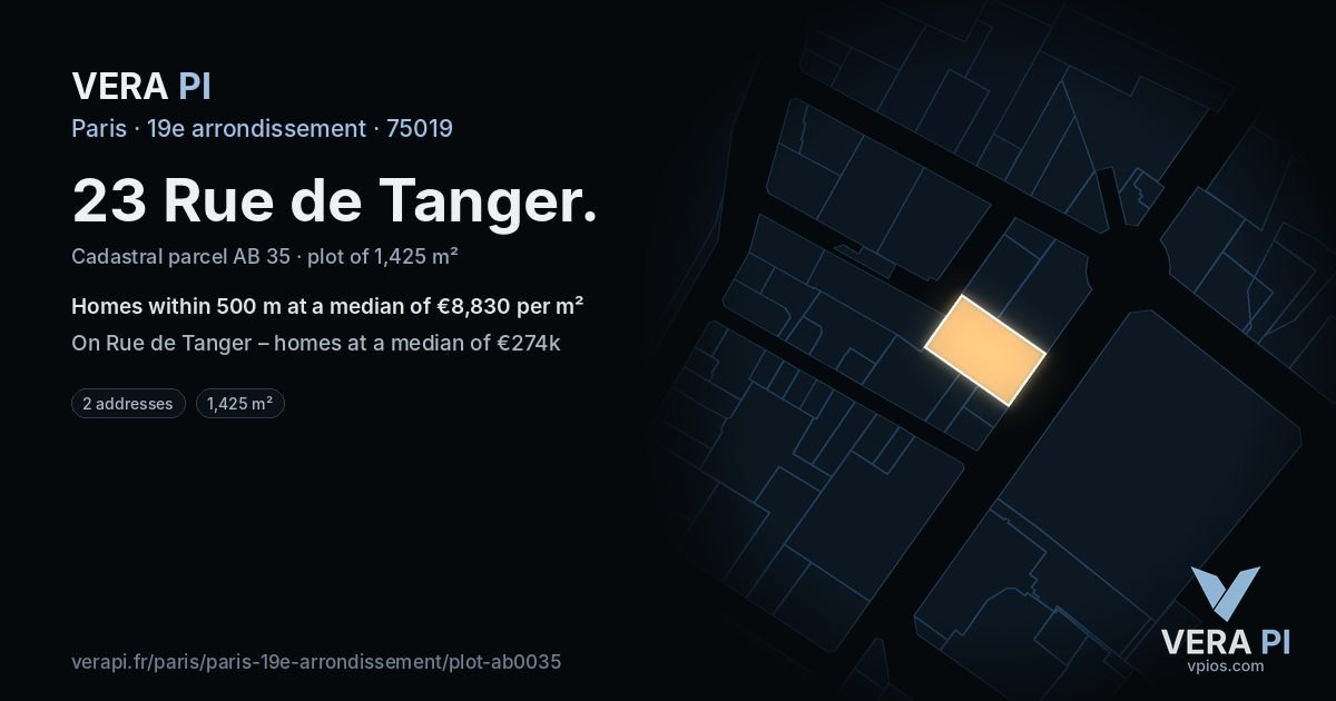 23 Rue de Tanger, 19e arrondissement at night – the plot lit, the parcels around coloured by the prices near them