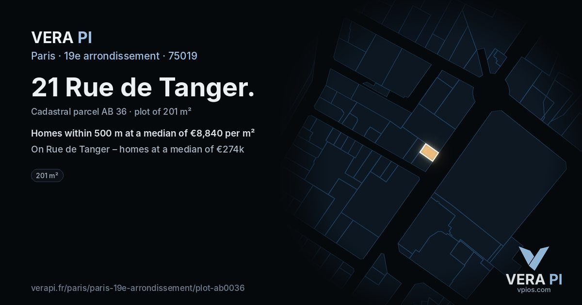 21 Rue de Tanger, 19e arrondissement at night – the plot lit, the parcels around coloured by the prices near them
