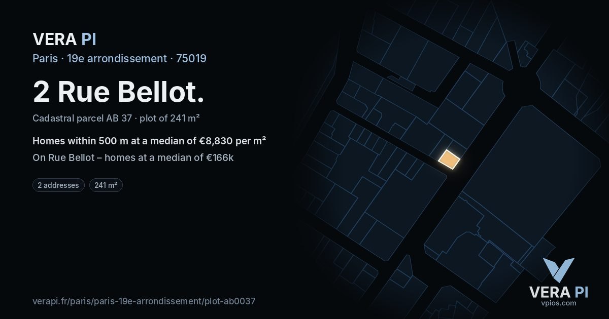 2 Rue Bellot, 19e arrondissement at night – the plot lit, the parcels around coloured by the prices near them