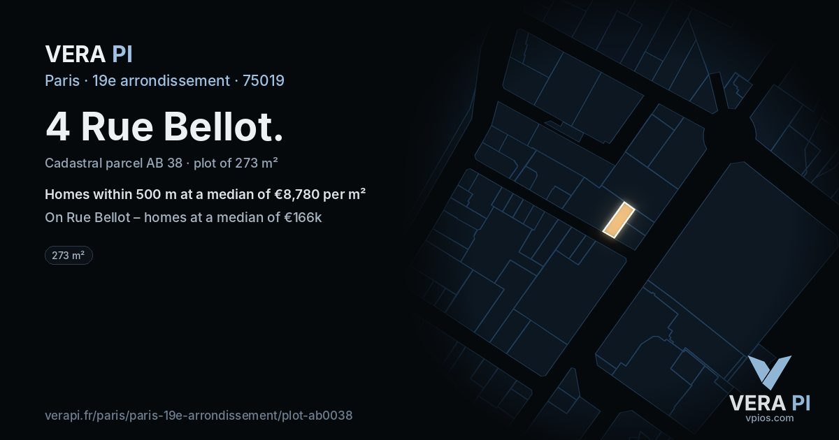 4 Rue Bellot, 19e arrondissement at night – the plot lit, the parcels around coloured by the prices near them