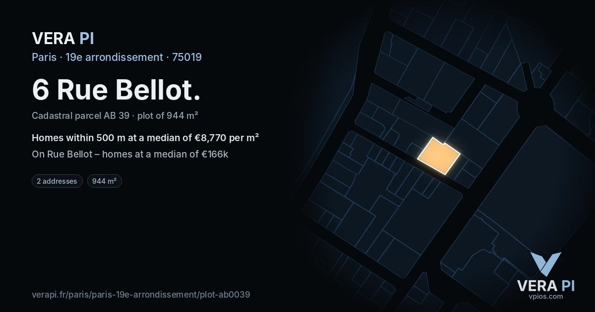 6 Rue Bellot, 19e arrondissement at night – the plot lit, the parcels around coloured by the prices near them