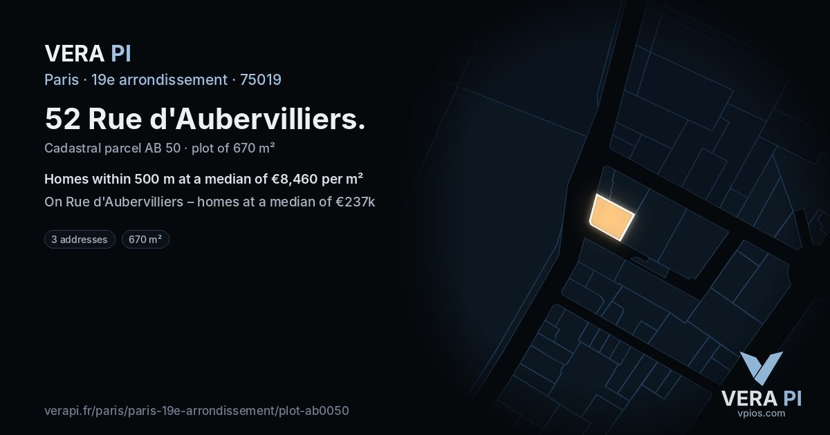 52 Rue d'Aubervilliers, 19e arrondissement at night – the plot lit, the parcels around coloured by the prices near them