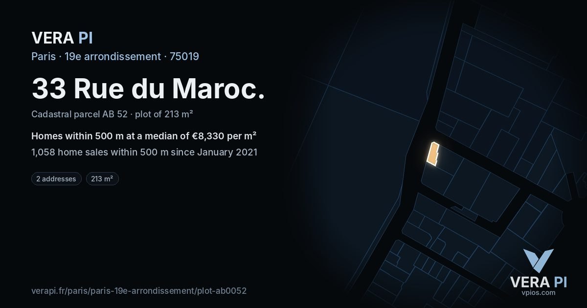 33 Rue du Maroc, 19e arrondissement at night – the plot lit, the parcels around coloured by the prices near them