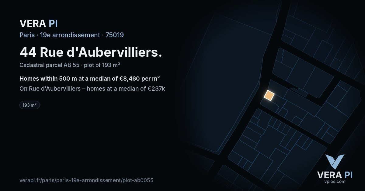 44 Rue d'Aubervilliers, 19e arrondissement at night – the plot lit, the parcels around coloured by the prices near them