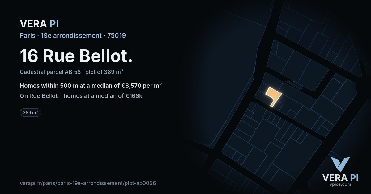 16 Rue Bellot, 19e arrondissement at night – the plot lit, the parcels around coloured by the prices near them