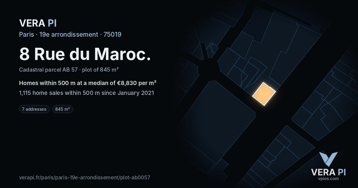 8 Rue du Maroc, 19e arrondissement at night – the plot lit, the parcels around coloured by the prices near them