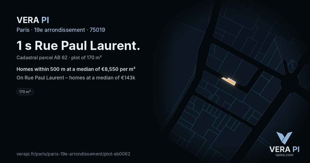 1 s Rue Paul Laurent, 19e arrondissement at night – the plot lit, the parcels around coloured by the prices near them