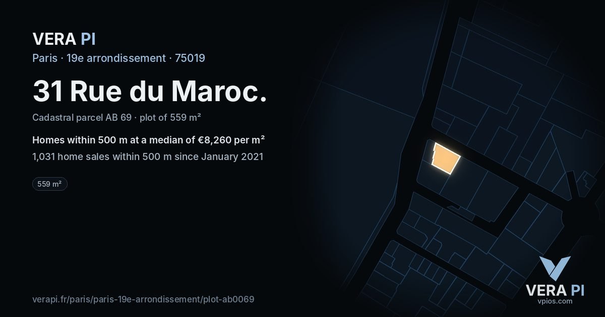 31 Rue du Maroc, 19e arrondissement at night – the plot lit, the parcels around coloured by the prices near them