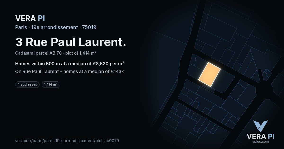 3 Rue Paul Laurent, 19e arrondissement at night – the plot lit, the parcels around coloured by the prices near them