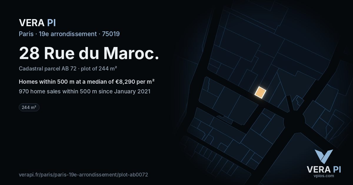 28 Rue du Maroc, 19e arrondissement at night – the plot lit, the parcels around coloured by the prices near them