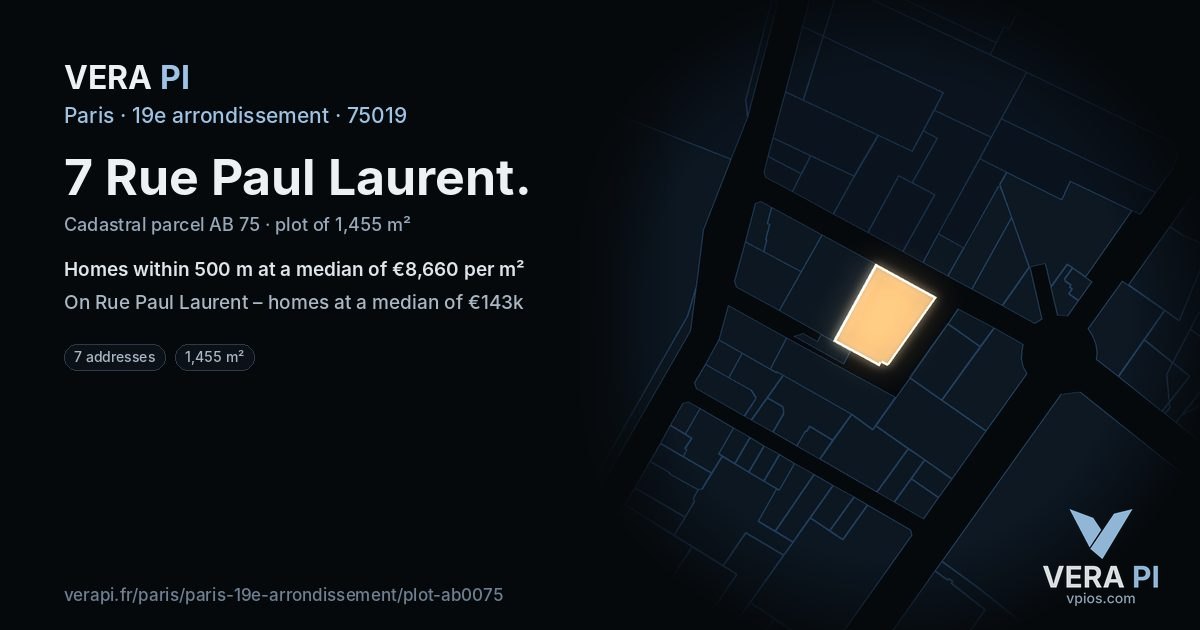 7 Rue Paul Laurent, 19e arrondissement at night – the plot lit, the parcels around coloured by the prices near them