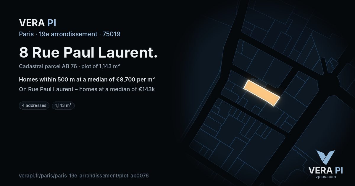 8 Rue Paul Laurent, 19e arrondissement at night – the plot lit, the parcels around coloured by the prices near them