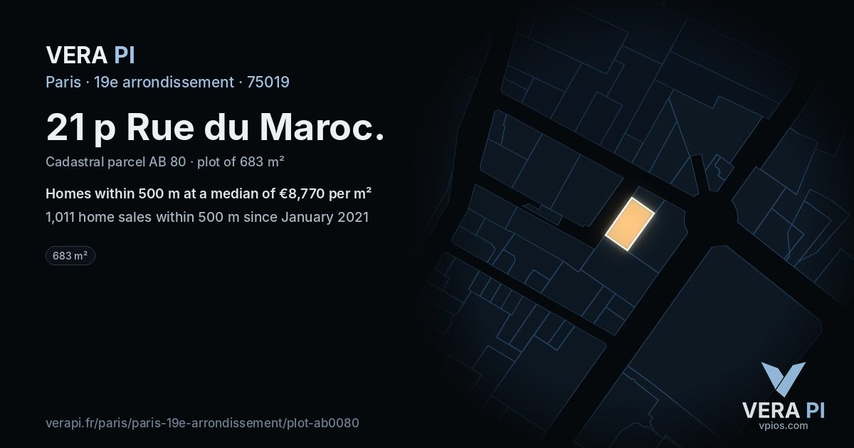 21 p Rue du Maroc, 19e arrondissement at night – the plot lit, the parcels around coloured by the prices near them