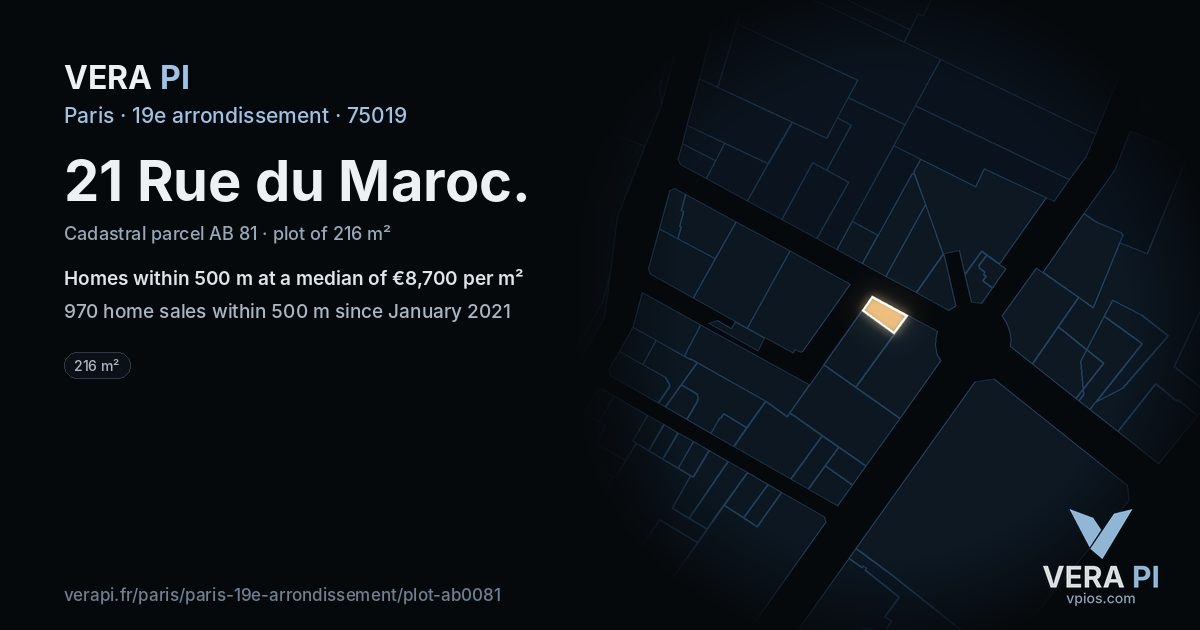 21 Rue du Maroc, 19e arrondissement at night – the plot lit, the parcels around coloured by the prices near them