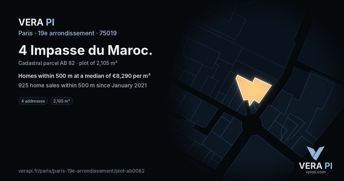 4 Impasse du Maroc, 19e arrondissement at night – the plot lit, the parcels around coloured by the prices near them